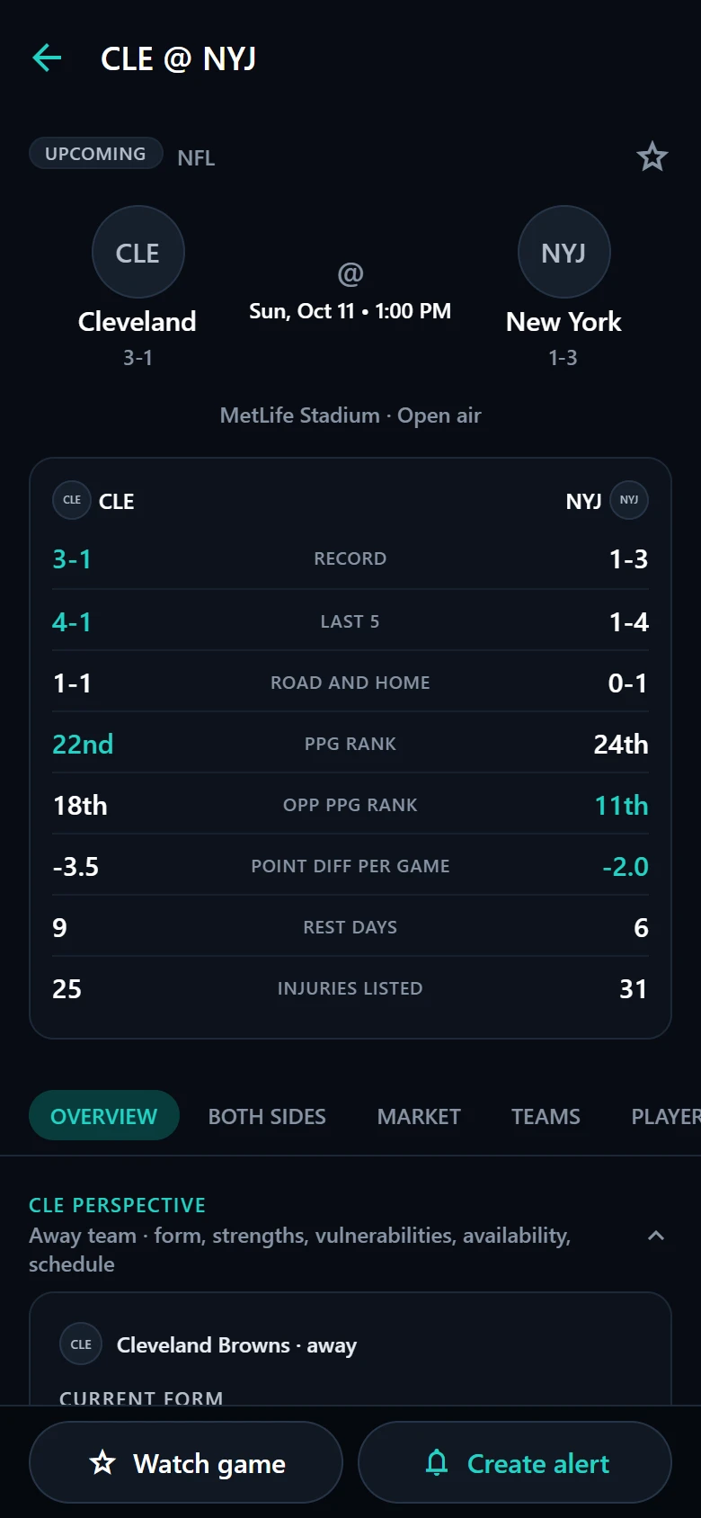 StatsNext Matchup Research for an NFL game: records, form, ranks, rest and injuries for both teams